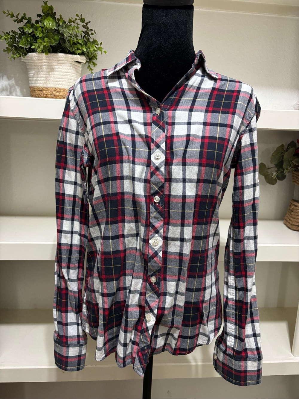 Banana Republic Navy, White & Red Plaid Button-Down Shirt